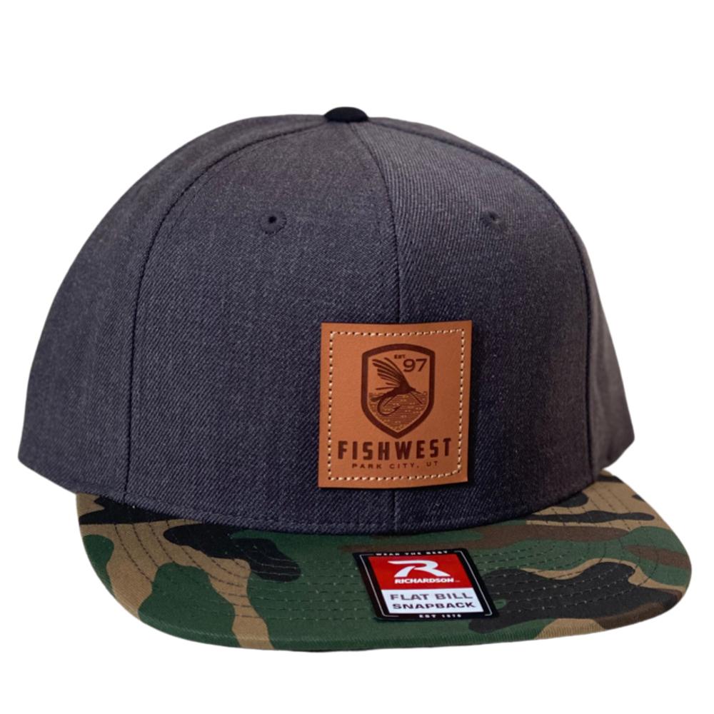 Fishwest Park City Logo Wool Flatbill Hat in Heather Charcoal and Green Camo